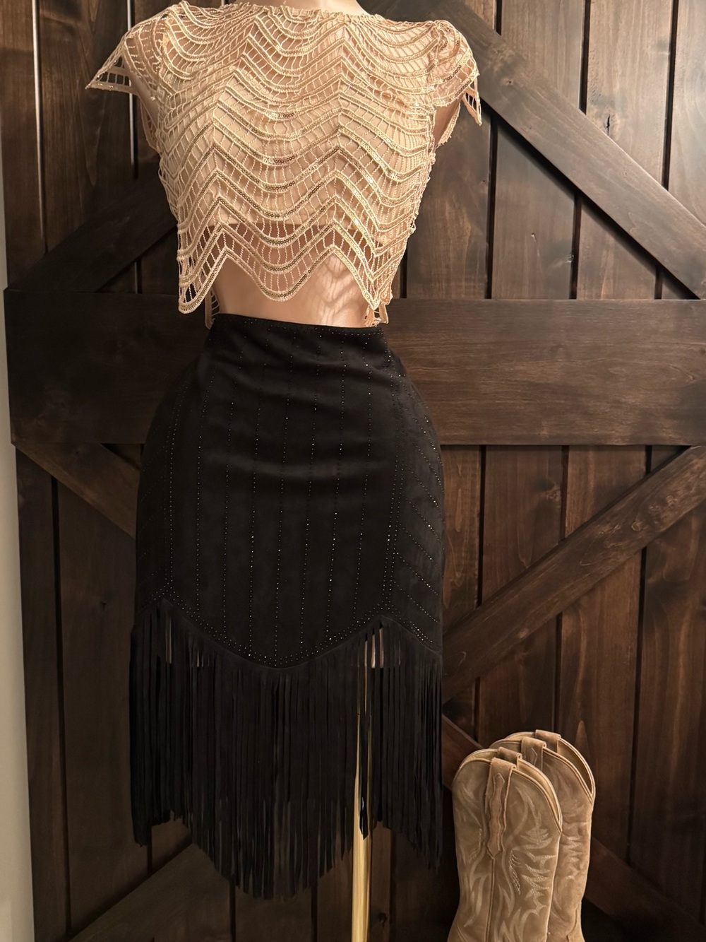 Black Fringe Suede Midi Skirt - Classic Western Style